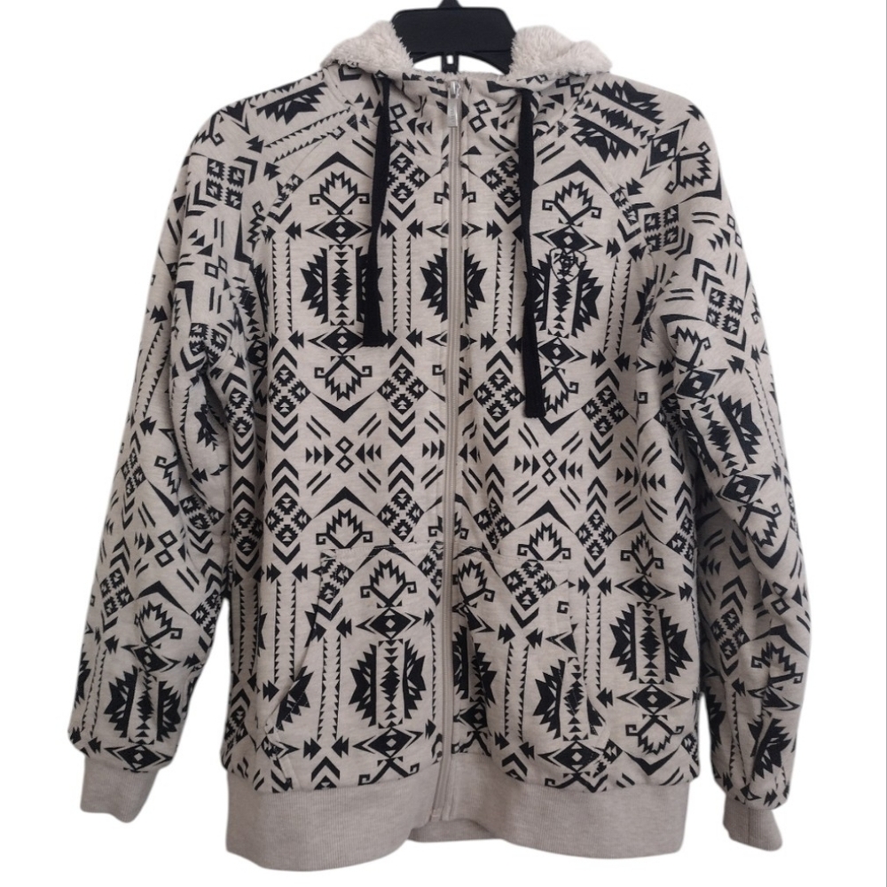 Ariat Real Beige Black Aztec Zip-Up Sherpa Hooded Sweatshirt Size Small